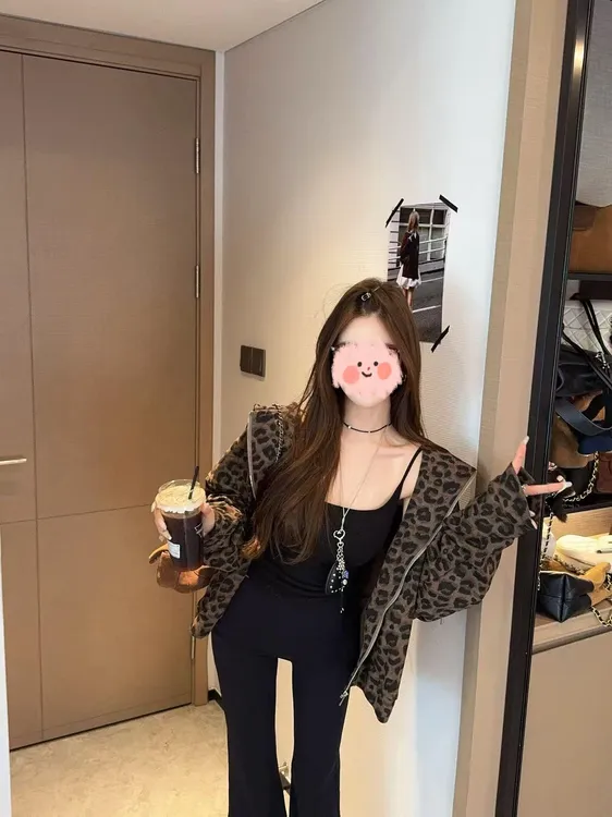 豹纹连帽长袖卫衣外套女秋季新款时尚百搭美式复古短外套宽松上衣