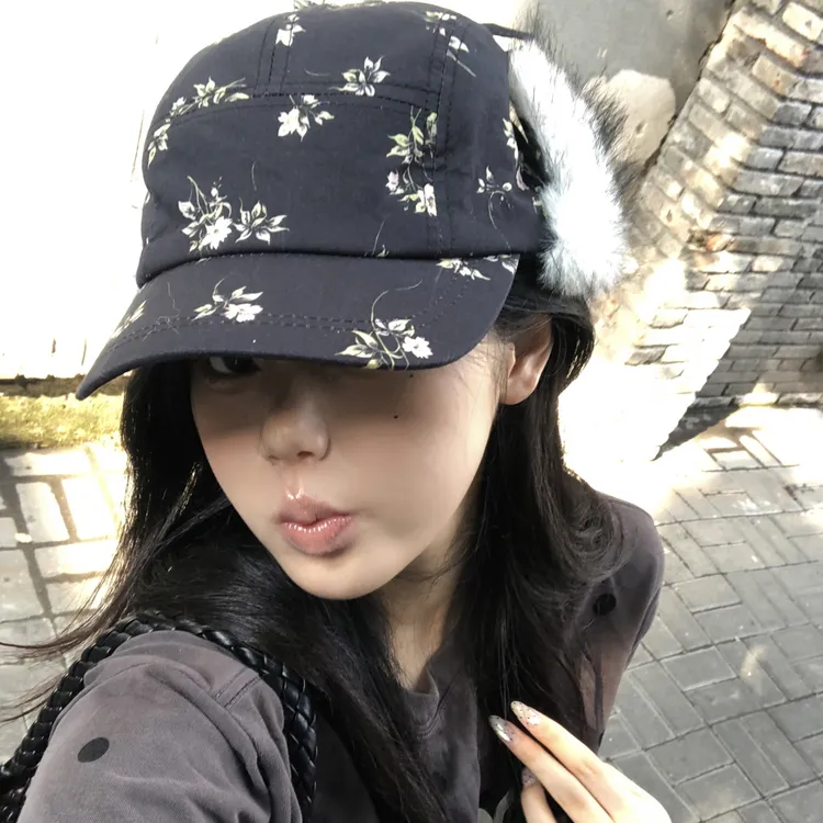 韩版东大门新款田园小碎花鸭舌软顶棒球帽包耳帽保暖护耳