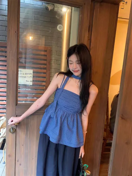 格子褶皱飘带无袖吊带背心女夏季2025新款收腰显瘦外穿露锁骨上衣
