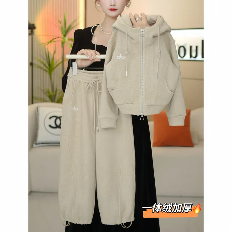 女童加绒卫衣开衫卫裤套装秋冬2025新款奥粒一体绒加厚外套运动潮