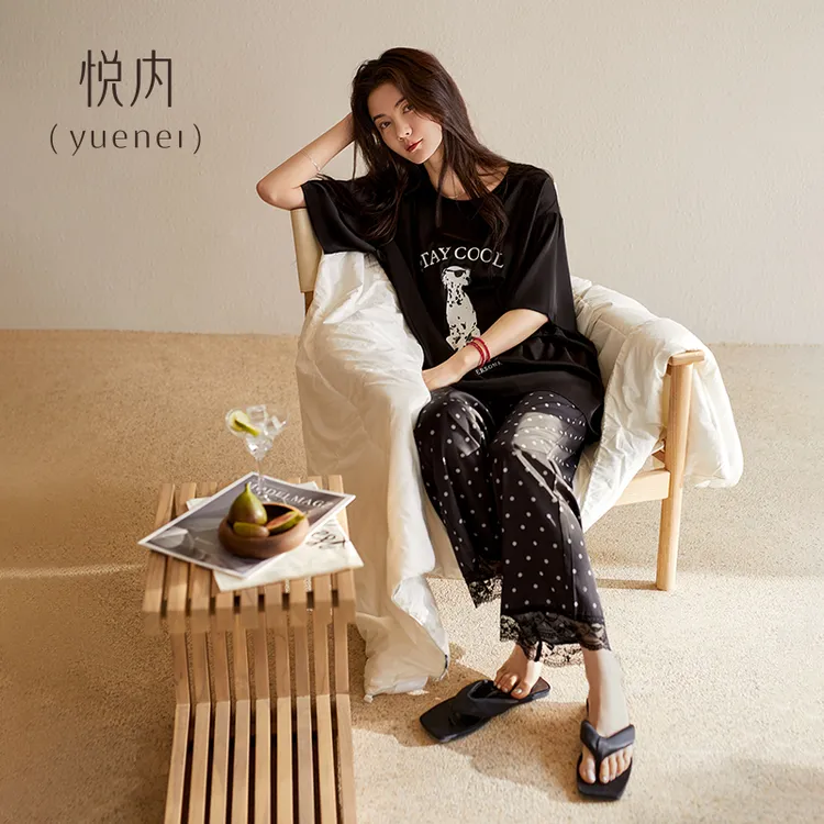悦内【带胸垫】夏季冰丝绸款短袖长裤女士家居服时尚高级感黑色薄款