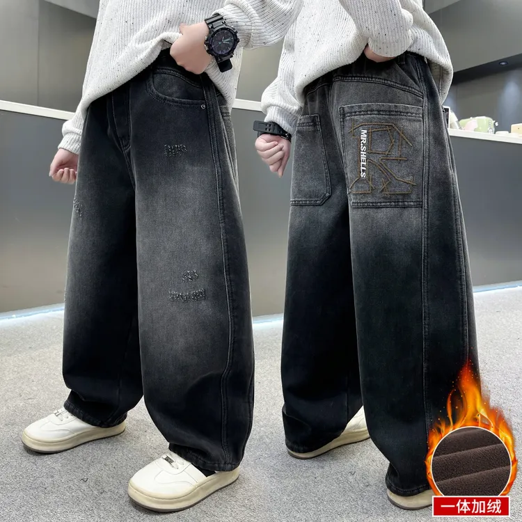 男童裤子秋冬款2026新款中大儿童冬季加绒加厚宽松牛仔裤运动长裤