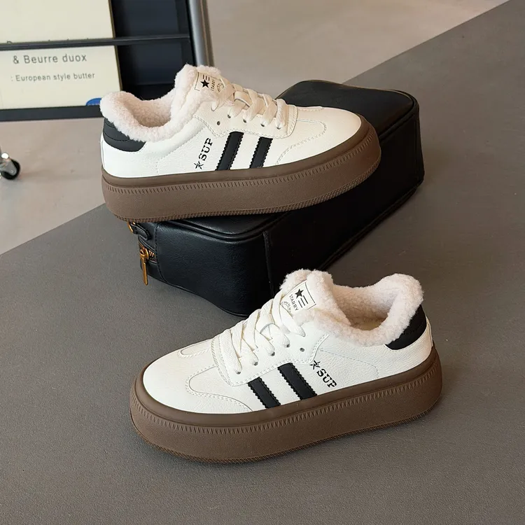 真皮加绒厚底德训鞋女2025秋冬新款运动休闲鞋100%真皮厚底女鞋子