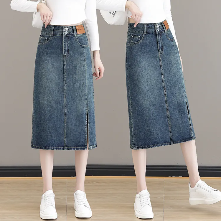 时尚高腰牛仔半身裙女2025春季新款垂感中长款开叉一步包臀裙子潮