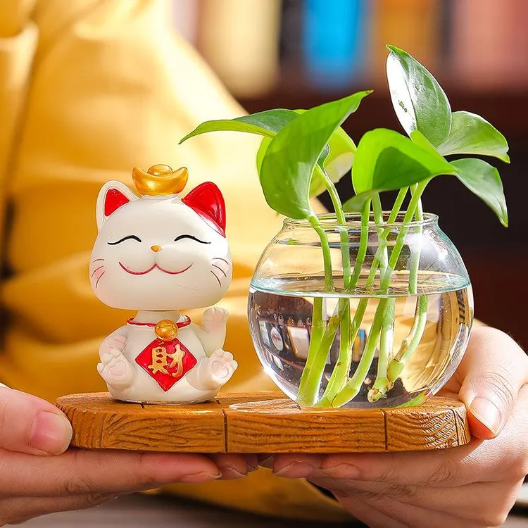 蕊杰创意招财猫水培器皿树脂工艺办公桌面装饰品水养绿萝花瓶花器