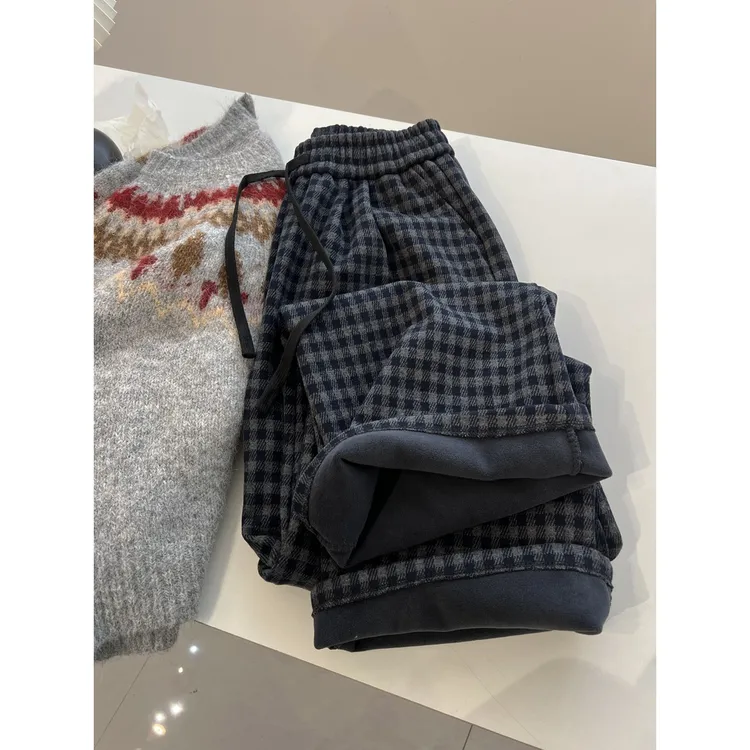 大码女装胖mm240斤复古格子高腰百搭直筒休闲裤女宽松加绒阔腿裤