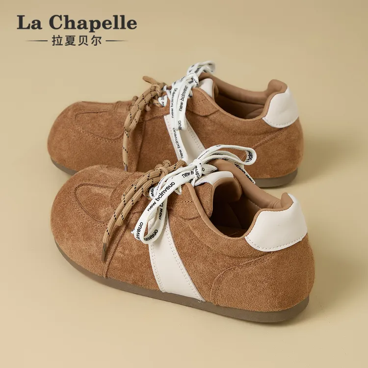 拉夏贝尔丑萌绒面德训鞋女2025冬季新款双系带阿甘鞋休闲百搭板鞋