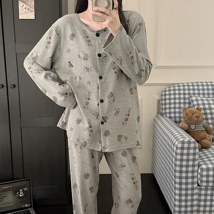 纯棉长袖开衫俩件套装秋季睡衣女甜美宿舍风卡通KT猫家居服可外穿