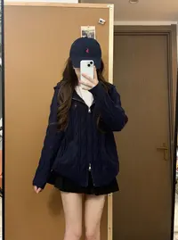 秋冬小香风女毛衣毛针织衫拼接连帽法式休闲厚款针织
