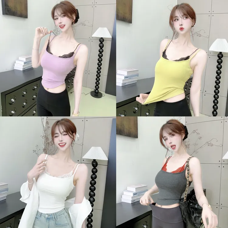 《巧克少女》带杯垫假两件蕾丝吊带背心#8571