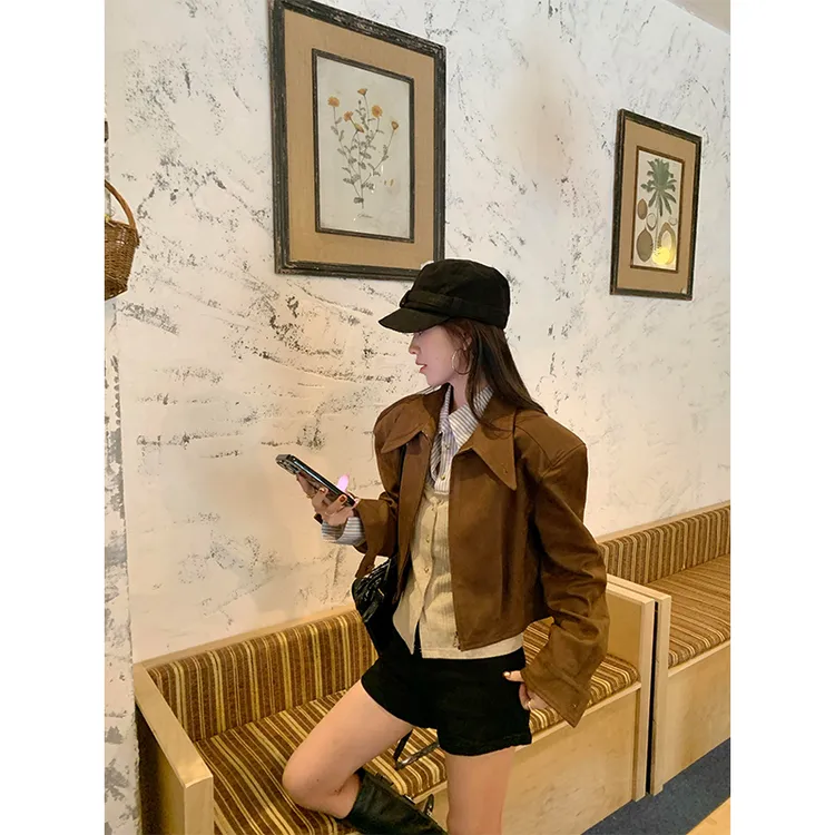 复古辣妹麂皮绒外套女秋季2025新款今年流行爆款巨好看咖色短上衣