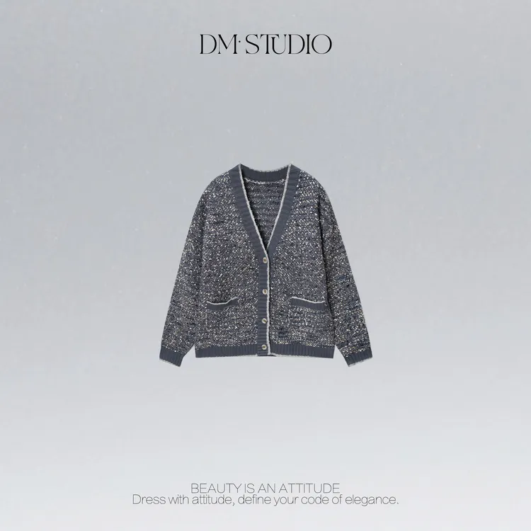 DEDM•STUDIO/精致感彩织V领休闲百搭针织撞色开衫2508ZZS/SZ61491