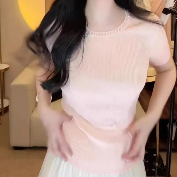 韩版重工钉珠u领针织短袖T恤女夏季新款辣妹减龄气质修身显瘦上衣
