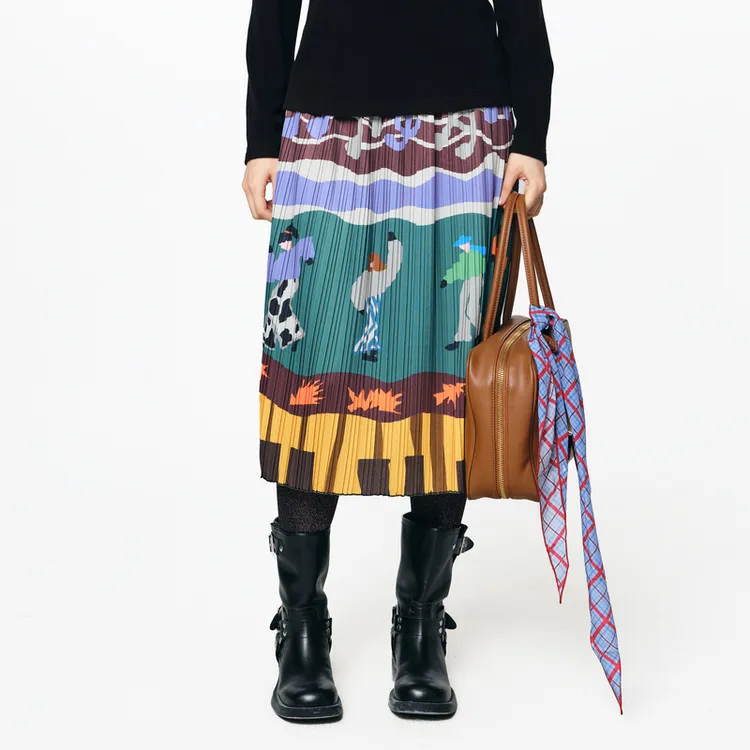 MOVEUP幻走2025秋季新款.FUN 松紧腰趣味印花压褶半身裙3EWQ10686