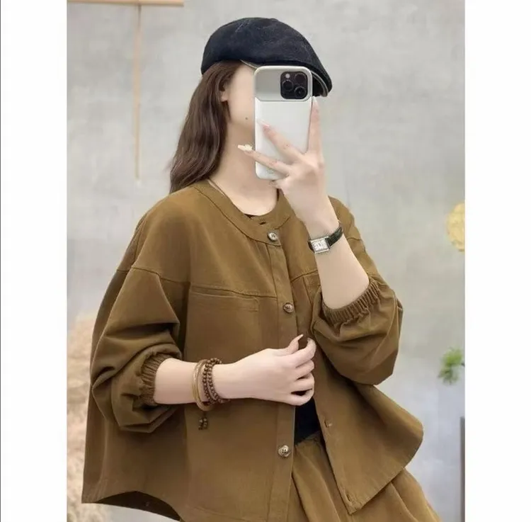 《庆庆专属》2025棒球服外套女短款宽松显瘦春秋装大码棉质立领双口袋外穿夹克