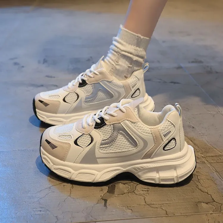 秋季畅销新款透气网面系带厚底潮流百搭爆款时尚耐穿老爹小白鞋