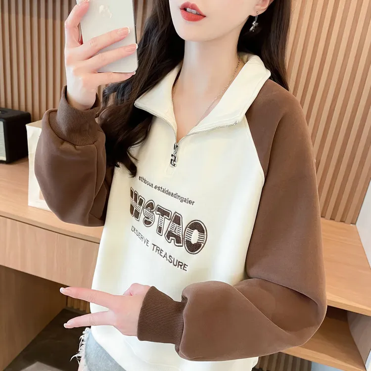 2025薄款女装设计POLO卫衣女美式春秋新款小个子肩袖拉链刺绣上衣