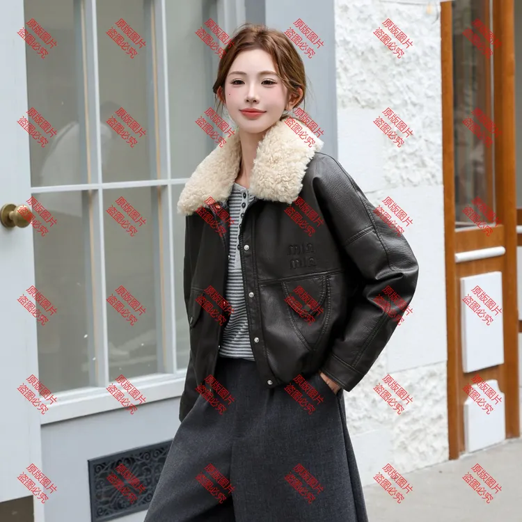 2025冬季新款美式复古烫字皮衣外套女时尚酷飒风夹克8889