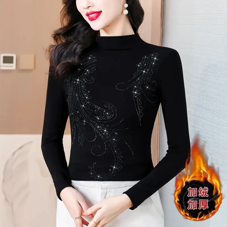 【退换包邮+当天发】秋冬新款加厚烫钻凤尾花高领长袖t上衣打底衫女