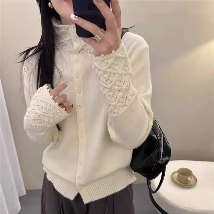 秋冬半高领毛针织衫女长袖镂空百搭显瘦毛衣外套