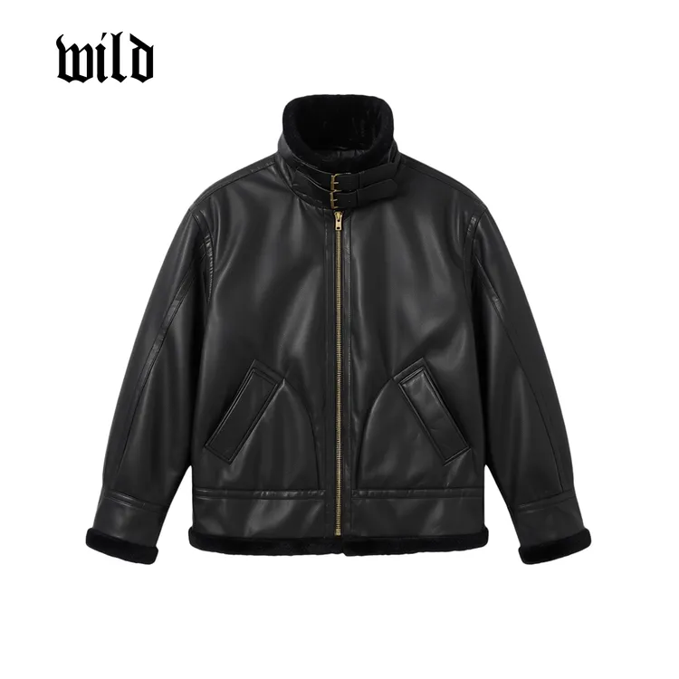 皮毛一体外套男2025年冬季加绒加厚黑色翻领宽松机车服复古皮衣