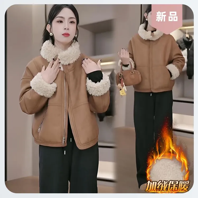 2025秋冬韩版新款皮毛一体小个子高级感外套女时尚加绒加厚上衣潮