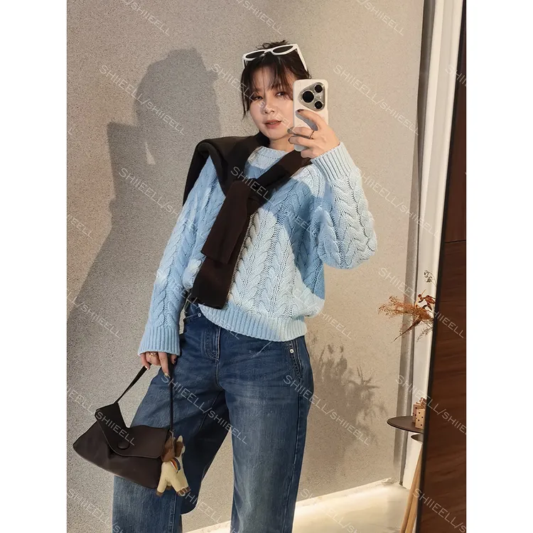 SHIIEELL【慵懒蓝】绞花螺纹收口圆领毛衣秋冬气质针织毛衫Z7635