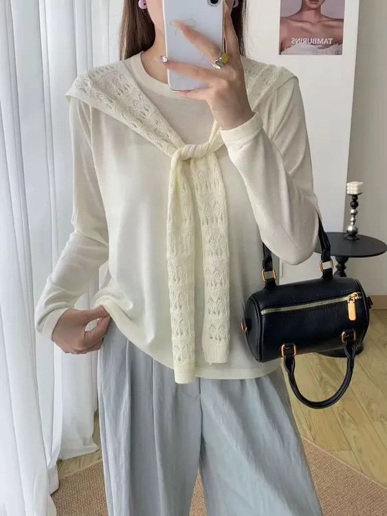 休闲长袖针织女装秋季大码薄款正肩体恤胖MM遮肉显瘦披肩上衣H802