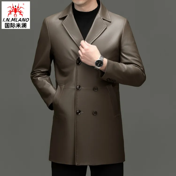 【绵羊皮】男士真皮皮衣男中长款西装领双排扣皮夹克秋冬风衣外套男