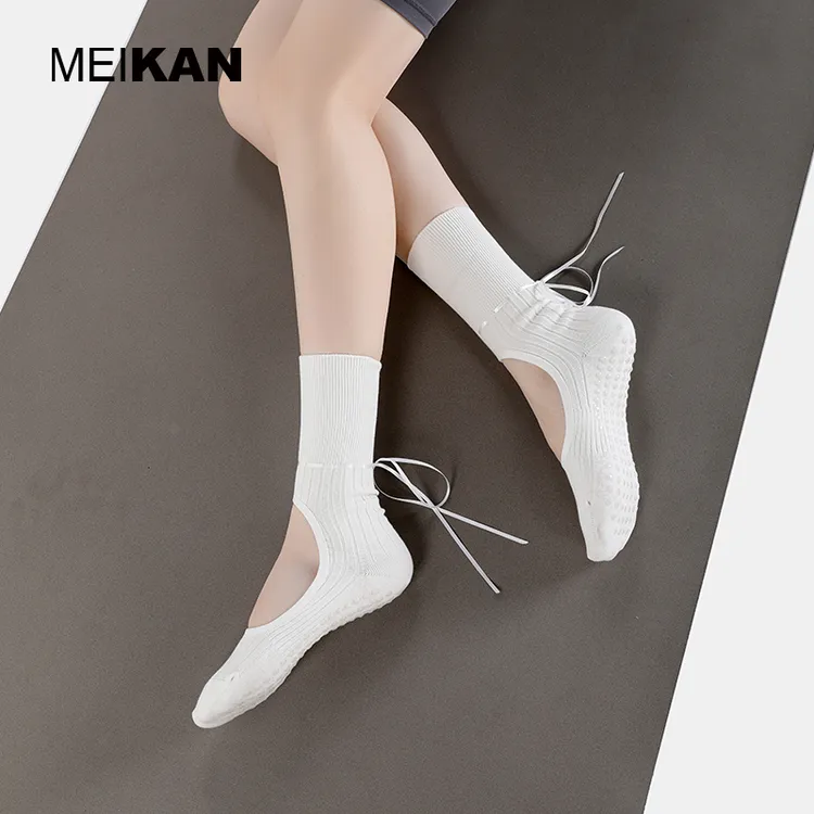 MEIKAN/美看黑白袜子7A抗菌女中筒袜棉瑜伽抽绳丝带春夏款长袜