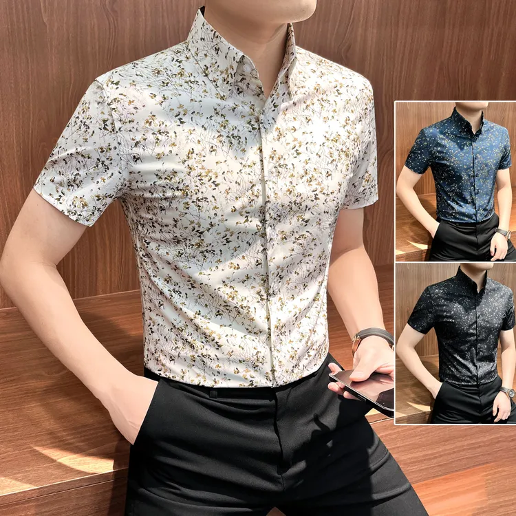 花衬衫男款爆款2025新款夏季薄款潮流时尚痞帅短袖修身短袖衬衣男
