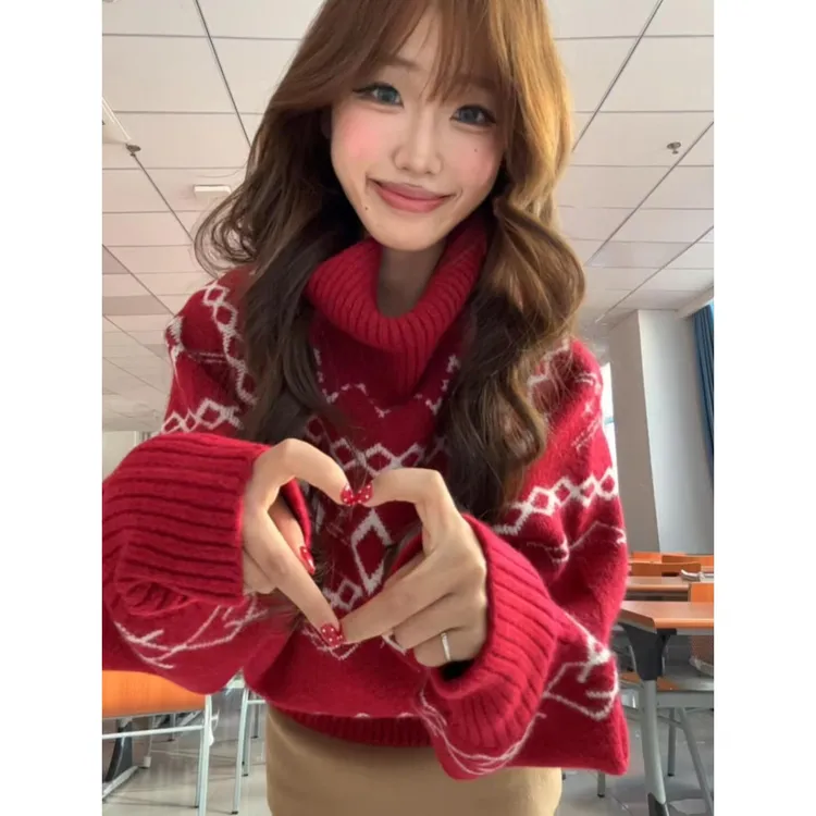 费尔岛圣诞高领毛衣女红色慵懒宽松针织衫秋冬超好看可外穿上衣厚