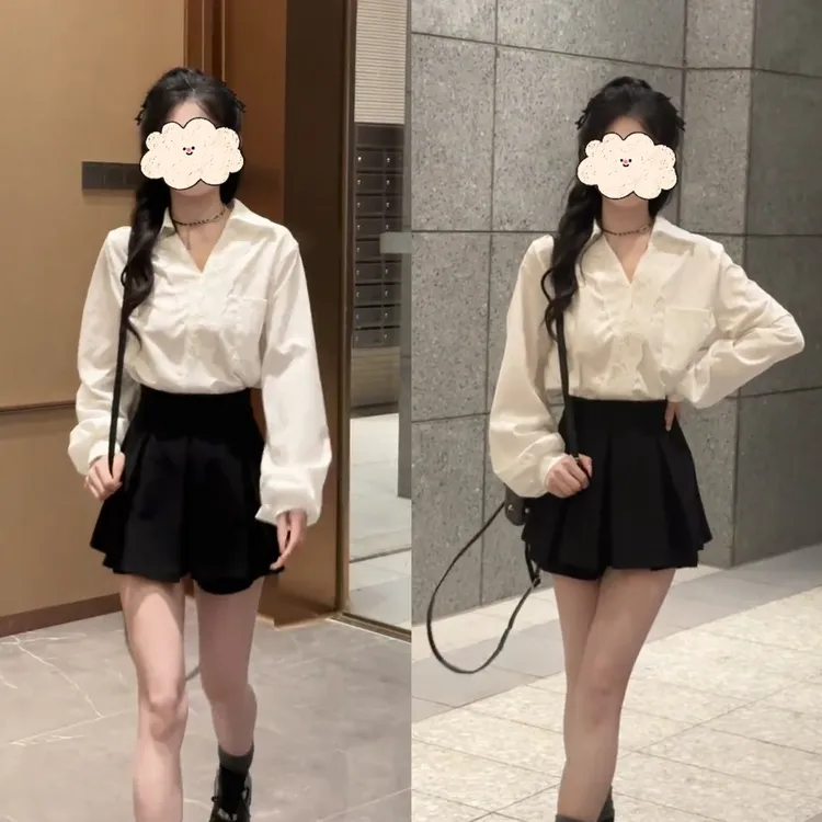 韩版洋气气质简约宽松长袖别致V领蕾丝拼接衬衫上衣半身短裙套装