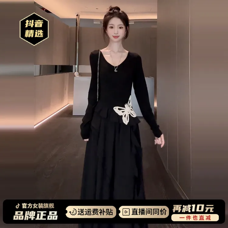 赫本风气质黑色长袖连衣裙子女2025早秋新款小个子不规则收腰长裙