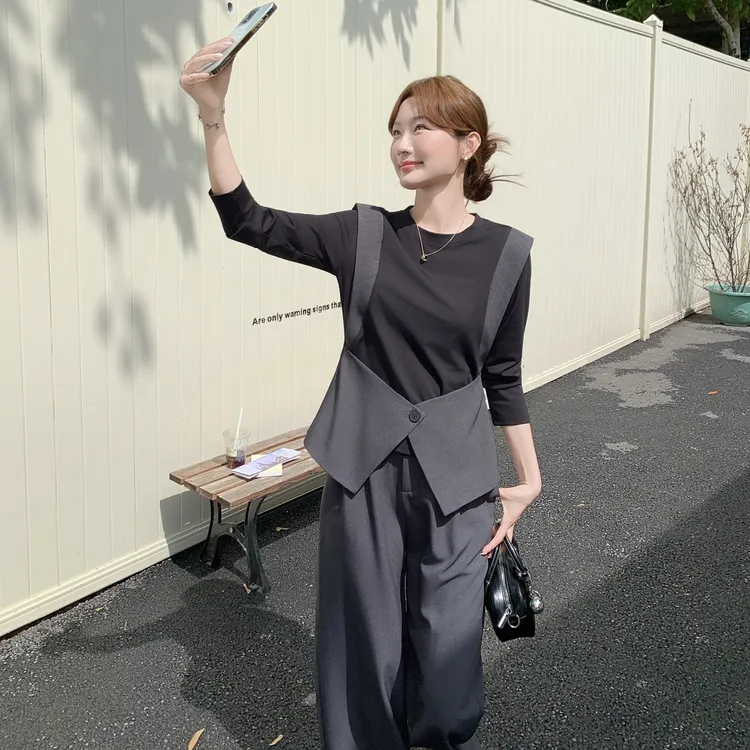 韩系御姐气质假两件上衣休闲裤两件套女休闲时尚洋气显瘦百搭套装
