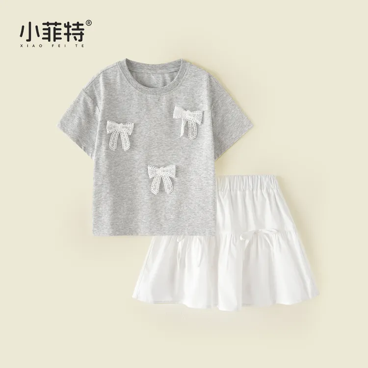 小菲特夏季新款薄款套装女童韩版蝴蝶结短袖短裙两件套BGTX51055