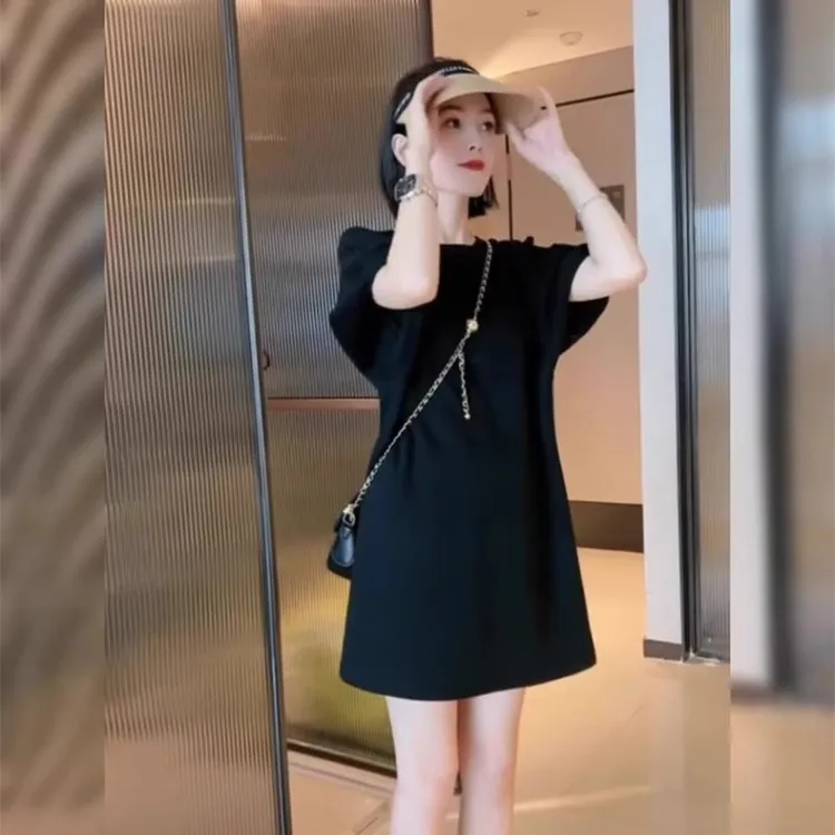 欧货泡泡袖连衣裙女2025新款夏装大码胖mm显瘦宽松蝴蝶结遮肉裙子