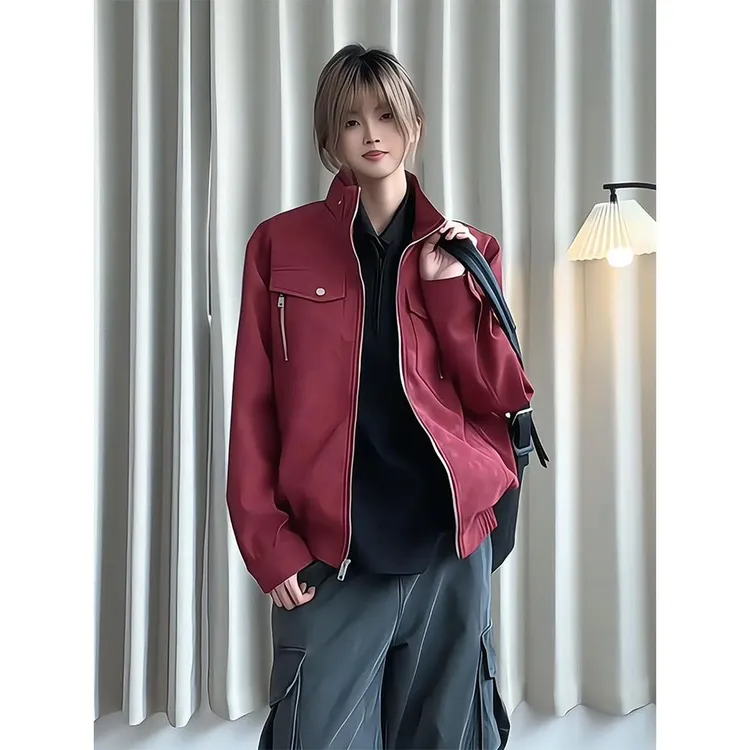 酒红色短款pu皮衣夹克男女秋季美式复古立领棒球服哈灵顿工装外套