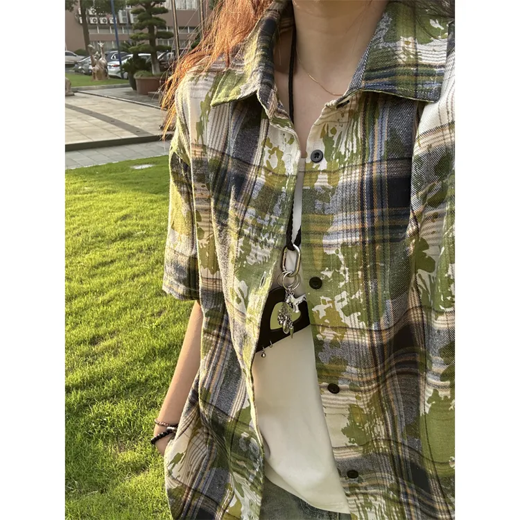 绿色扎染格子短袖衬衫男夏季薄款慵懒风衬衣美式复古情侣潮牌外套