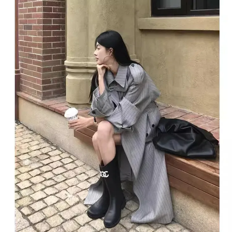 双排扣复古条纹风衣外套女2025春秋新款英伦高级感中长款气质大衣