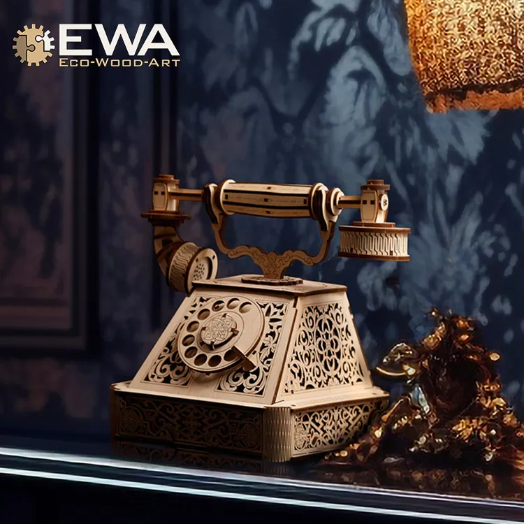 EWA复古电话机手工拼装积木模型益智拼图玩具男孩礼物高级感摆件