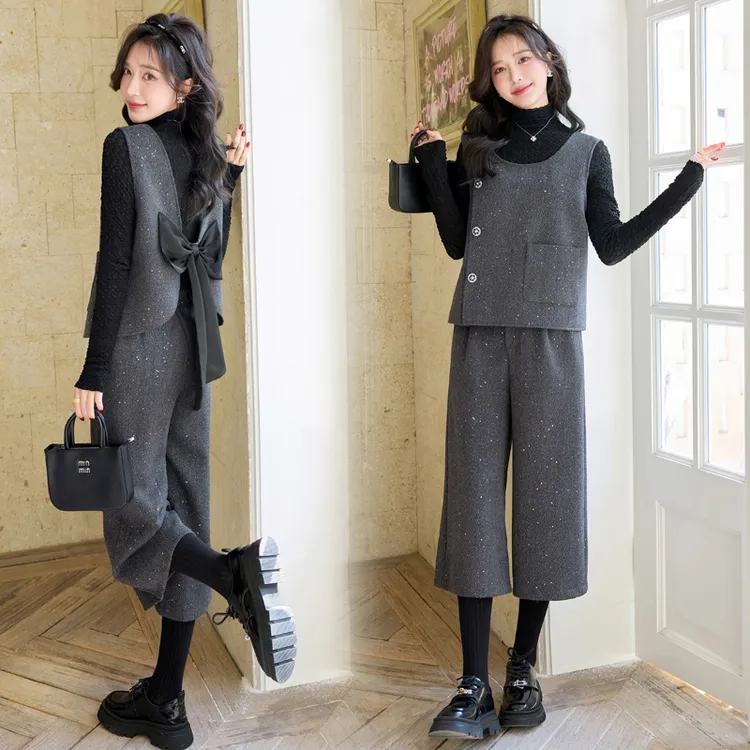 三件套装春秋亮片洋气后背蝴蝶结马甲时尚宽松2025新款休闲阔腿裤