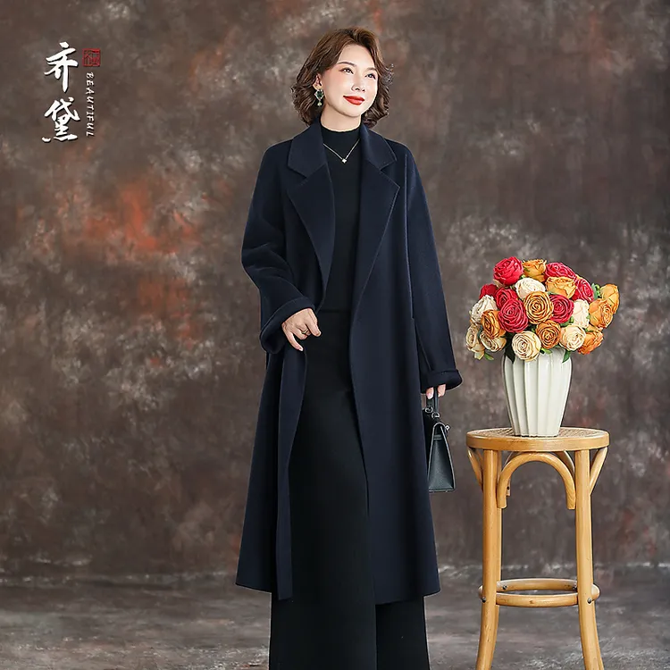 高端品牌双面羊绒女大衣商场同款2025冬新款妈妈羊毛呢子真丝外套