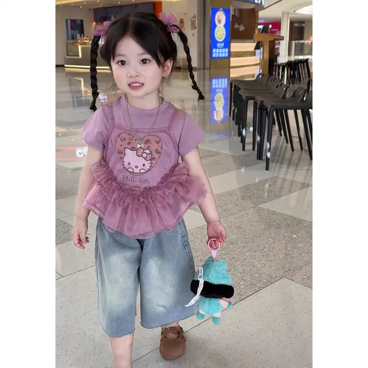 女宝可爱kt猫短袖套装夏季2025款儿童多巴胺真两件网纱上衣牛仔裤