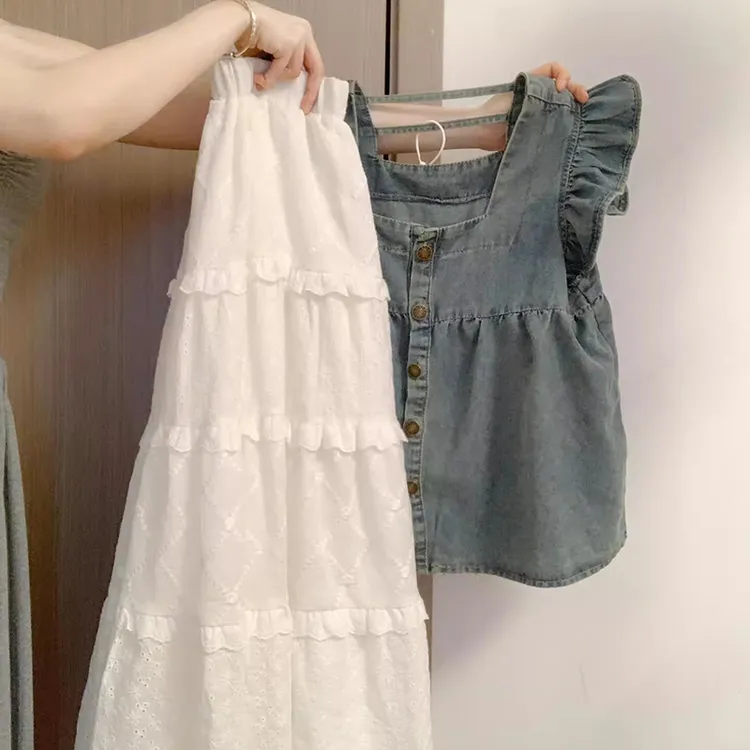 夏季女装2025爆款复古百搭温柔风无袖牛仔衬衣蕾丝半身裙两件套女