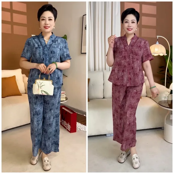 夏季妈妈装薄款时尚套装气质衬衣洋气减龄T恤两件套阔腿裤套装