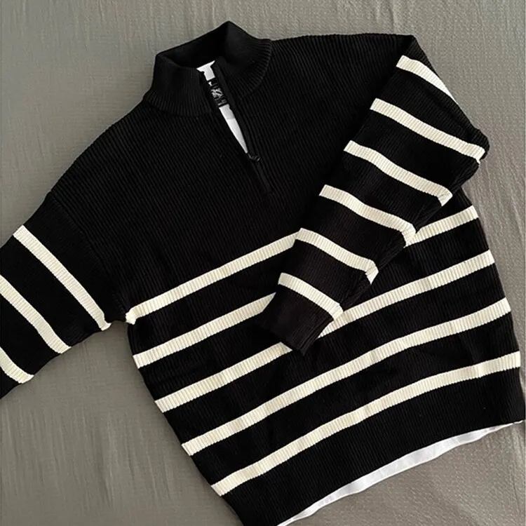 半拉链翻领条纹毛衣男款外套高级感痞帅慵懒风高领针织衫长袖百搭