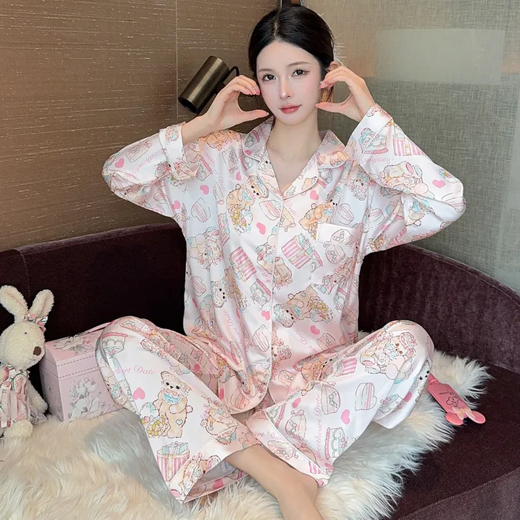 新款甜美可爱小熊冰丝睡衣秋季女款长裤长裤可外穿家居服套装