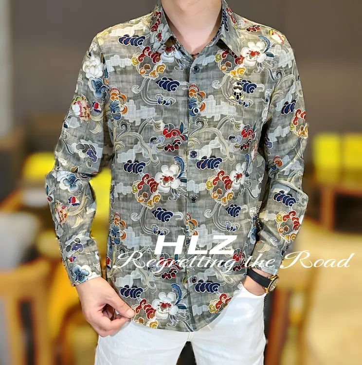 2025早秋新款男士衬衣个性休闲时尚宽松祥云风纽扣款翻领长袖衬衫