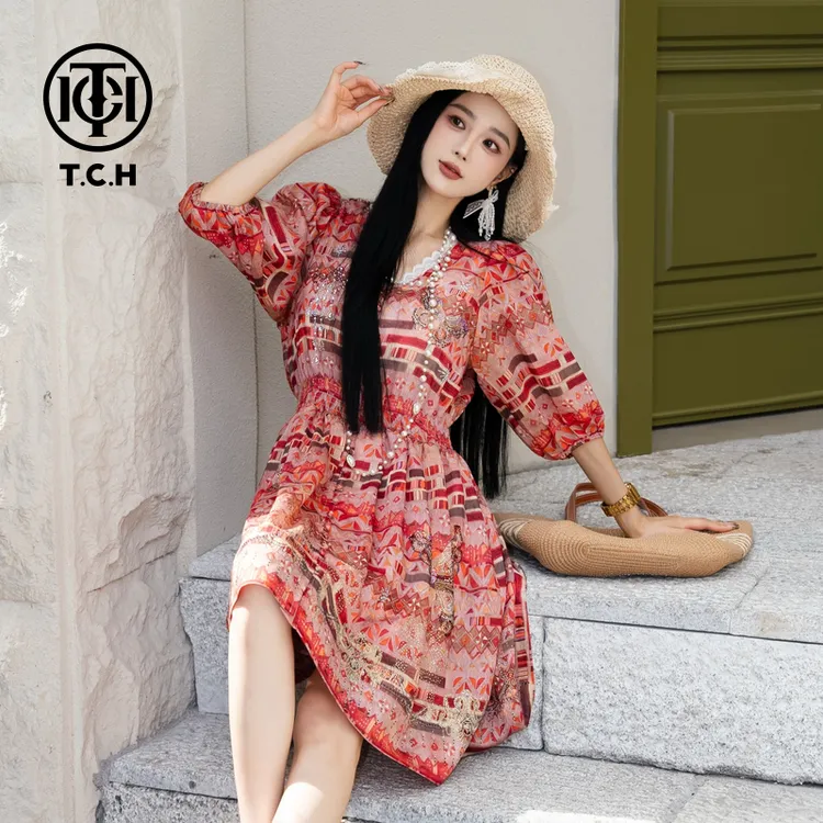 TCH私服烫钻工艺新时尚淑女百搭新潮流连衣裙T75B30E5219轻奢tch